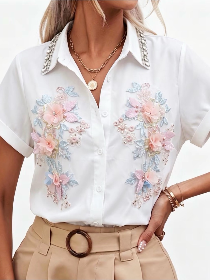 Embellished Hand Stitch Embroidered White Floral Appliqu Button-Up Top